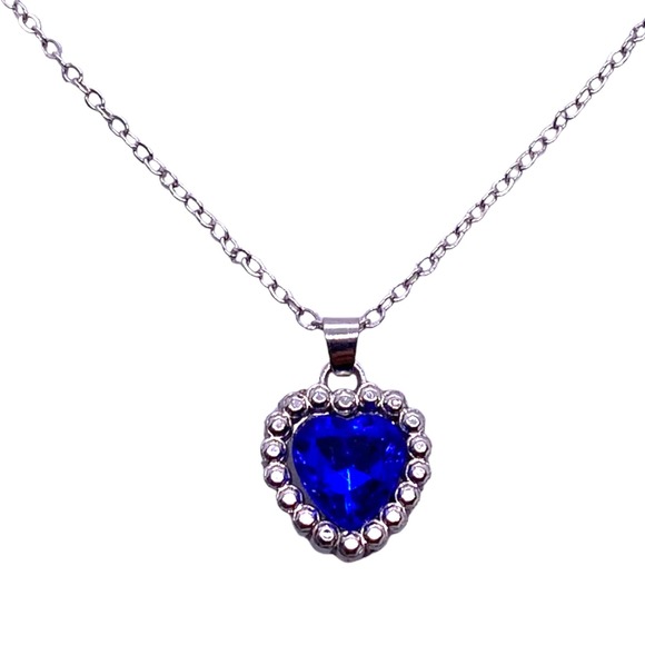 Imitation Silver BLUE SAPPHIRE Cubic Zirconia Gemstone Heart Necklace - Picture 1 of 7